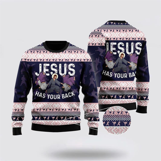 Funny Jesus Has Your Back Jiu Jitsu Ugly Christmas Sweater For Men And Women, Sweater For Christian