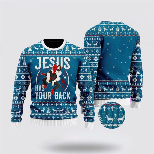 Funny Jesus Has Your Back Jiu Jitsu Ugly Christmas Sweater For Men & Women, Sweater For Christian
