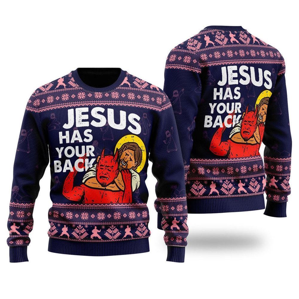 Funny Jesus Has Your Back Ugly Christmas Sweater For Men & Women, Sweater For Christian