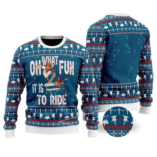 Funny Jesus Ride Skateboarding With Satan Ugly Christmas Sweater For Men & Women, Sweater For Christian