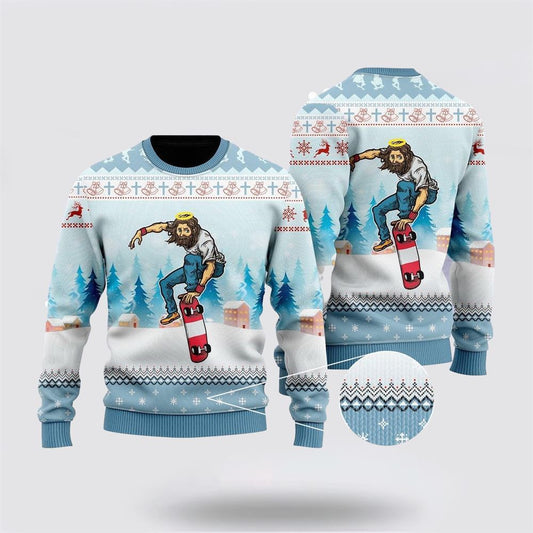 Funny Jesus Skateboarding Christmas Ugly Christmas Sweater For Men & Women Adult, Sweater For Christian