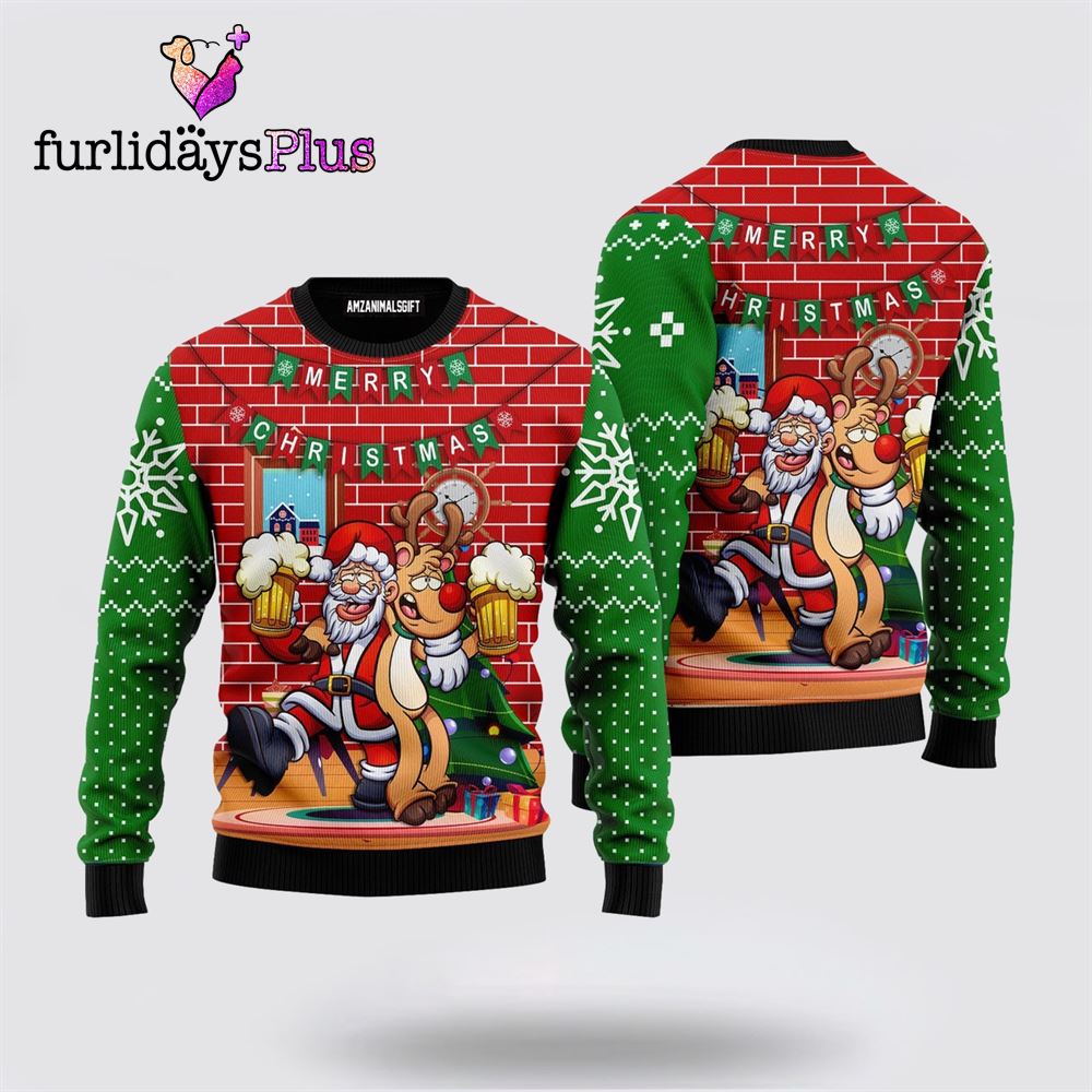 Funny Santa Drink Beer With Reindeer Ugly Sweater ,Christmas Ugly Sweater For Men, Women