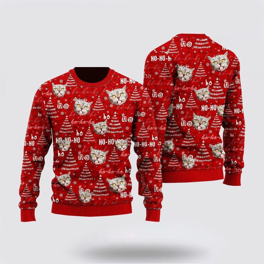 Funny Tabby Cat Pattern Ugly Christmas Sweater, Christmas Sweater For Cat Lover