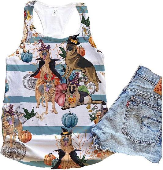 German Shepherd Dog Halloween Pumpkin Retro Tank Top - Summer Casual Tank Tops For Women - Gift For Young Adults