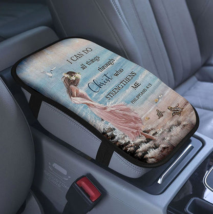 Gift For Women Of God She Who Kneels Before God Can Stand Before Anyone Personalized Car Center Console Cover