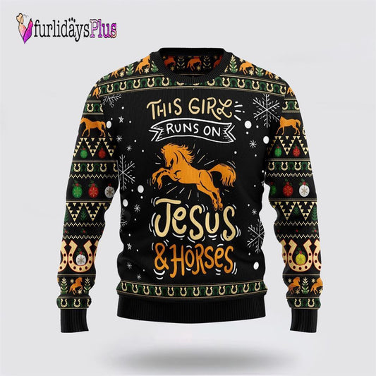 Girls Run On Jesus And Horses Ugly Christmas Sweater, Christian Sweater, God Gift, Gift For Christian, Jesus Winter Fashion