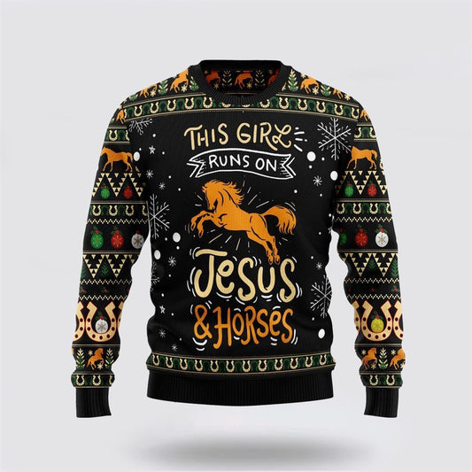 Girls Run On Jesus And Horses Ugly Christmas Sweater, Sweater For Christian