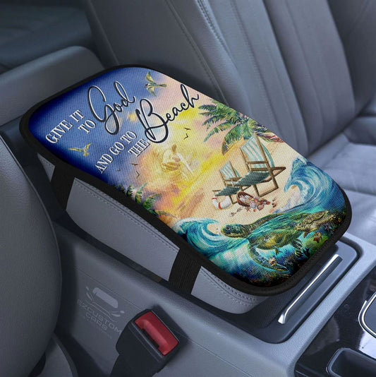 Give It To God And Go To Sleep Jesus Little Cat Butterfly Car Center Console Cover, Christian Armrest Pad Cover, Bible Verse Car Accessory