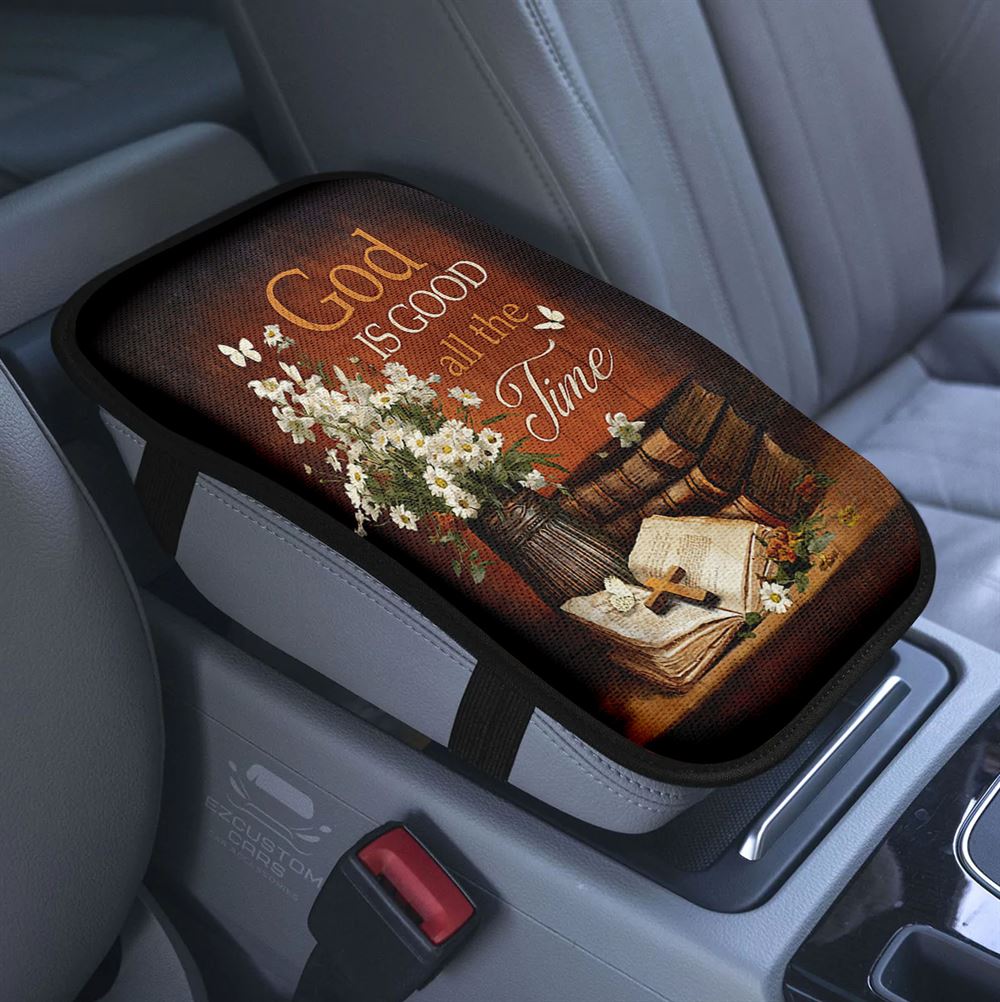 God Is Faithful Sunflower Hummingbird Car Center Console Cover, Bible Verse Armrest Pad Cover, Inspirational Car Accessory