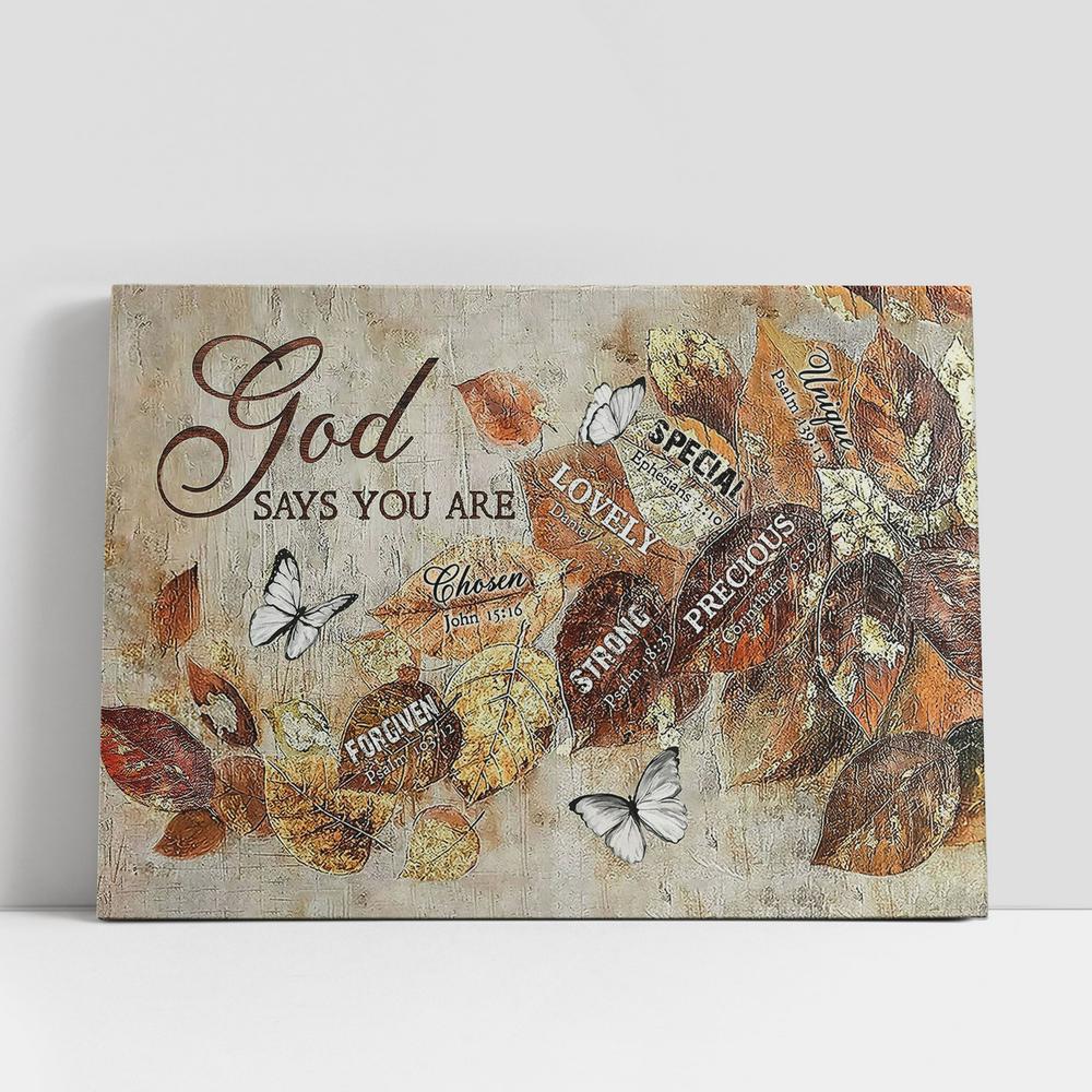 God Says You Are Autumn Leaves White Butterfly Canvas Wall Art, Bible Verse Canvas, Religious Prints