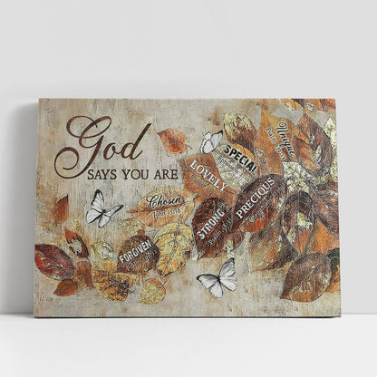 God Says You Are Autumn Leaves White Butterfly Canvas Wall Art, Bible Verse Canvas, Religious Prints
