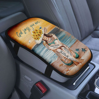 God Says You Are Book Vintage Bible Night Car Center Console Cover, Christian Armrest Pad Cover, Bible Verse Car Accessory