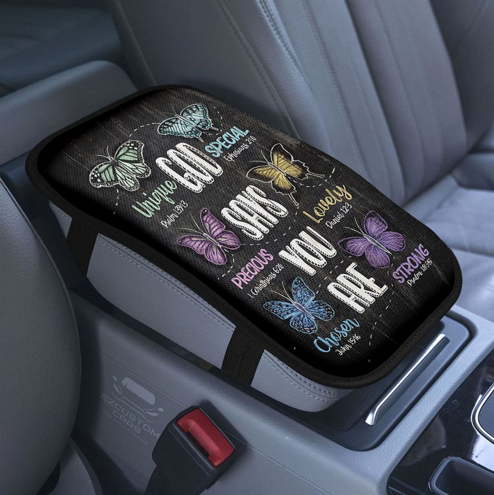 God Says You Are Car Center Console Cover Beautiful Girl On The Beach Car Center Console Cover, Christian Armrest Pad Cover, Bible Verse Car Accessory