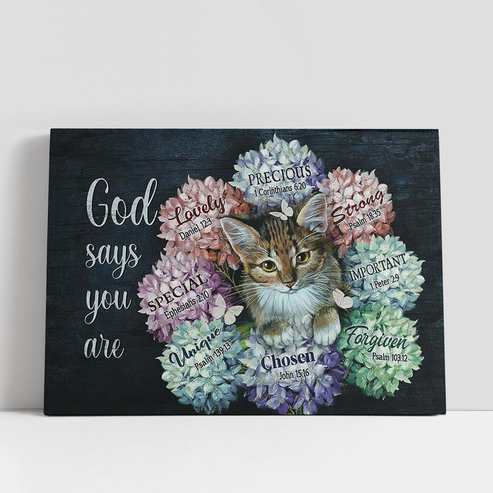 God Says You Are Cat Hydrangea Butterfly Canvas Wall Art, Bible Verse Canvas, Religious Prints