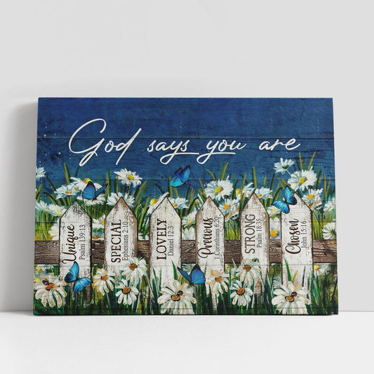God Says You Are Daisy Garden Butterfly Canvas Wall Art, Bible Verse Canvas, Religious Prints