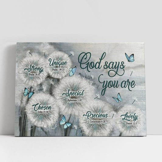 God Says You Are Dandelion Field Blue Butterfly Canvas Wall Art, Bible Verse Canvas, Religious Prints