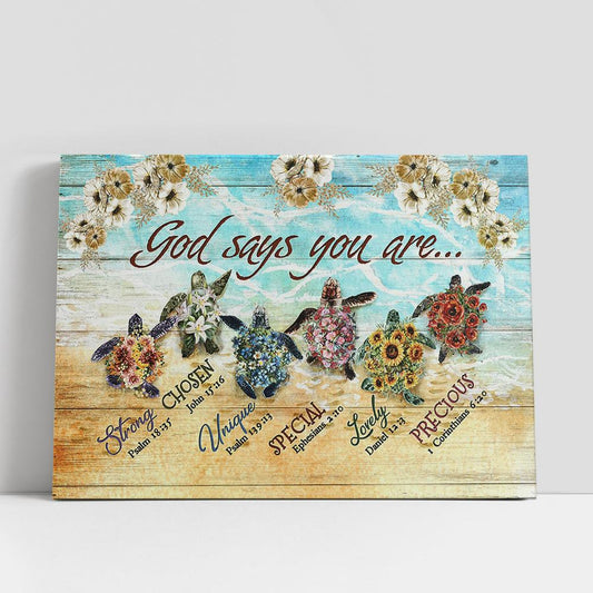 God Says You Are Flower On The Beach Sea Turtles Canvas Painting, Christian Gifts Wall Art, Gifts For Turtle Lovers