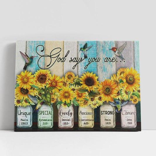 God Says You Are Hummingbird Sunflower Christian Gifts Canvas Wall Art, Christian Gifts Wall Decor
