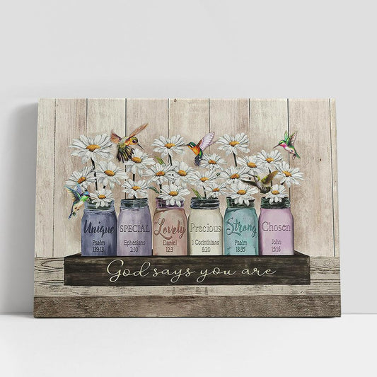 God Says You Are Special White Daisy Hummingbird Canvas Prints, Religious Canvas Art, Christian Gifts Home Decor