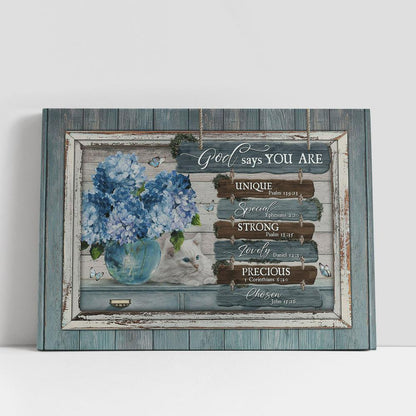 God Says You Are Unique Blue Hydrangeas, White Cat Wall Art Canvas, Christian Gifts Wall Art, Religious Art