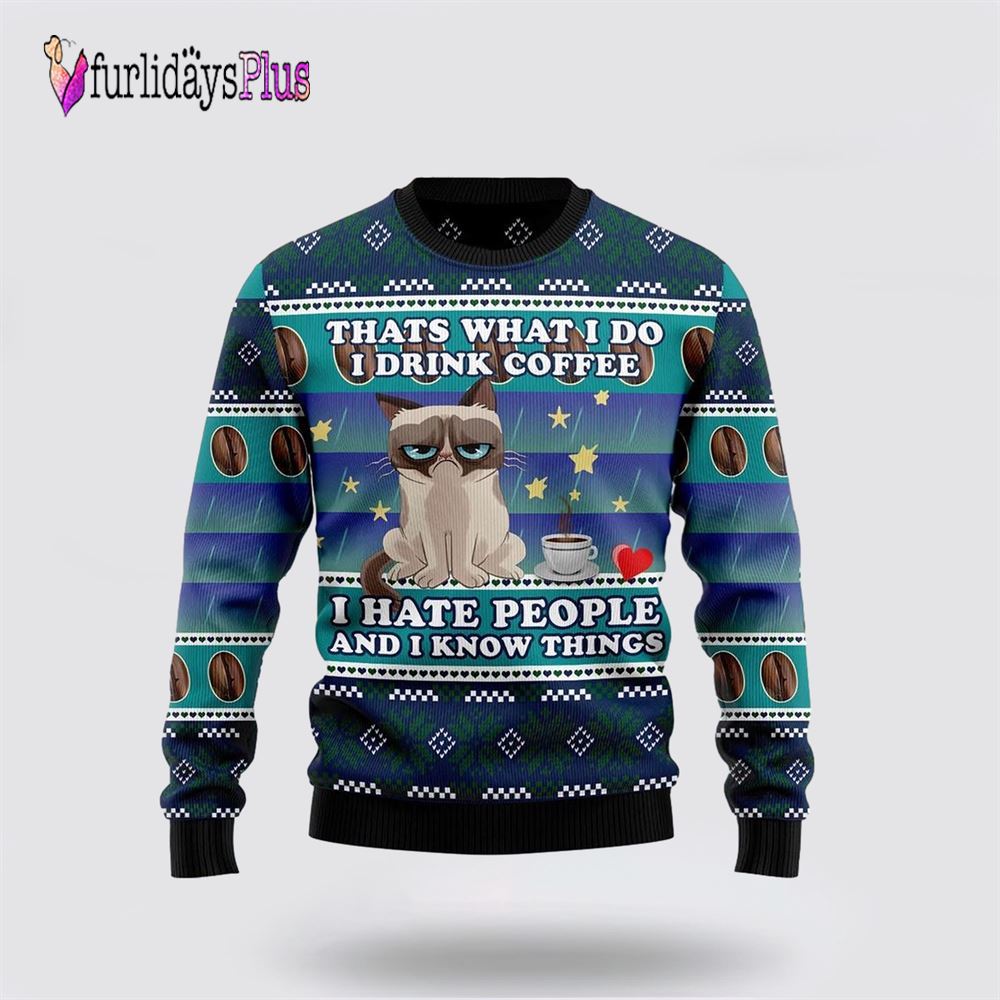 Grumpy Cat Coffee Funny Family Ugly Christmas Sweater, Cat Lover Christmas Sweater