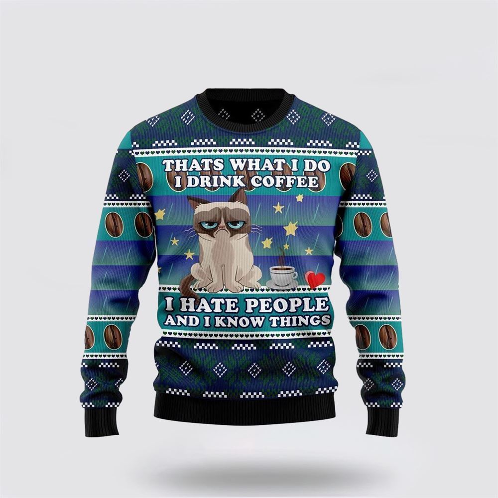 Grumpy Cat Coffee Funny Family Ugly Christmas Sweater, Christmas Sweater For Cat Lover