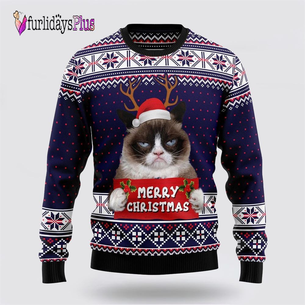 Grumpy Cat Merry Christmas Xmas Santa Hat Ugly Christmas Sweater, Cat Lover Christmas Sweater