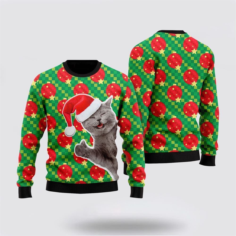 Happy Cat With Ornarment Christmas Ball Ugly Christmas Sweater, Christmas Sweater For Cat Lover