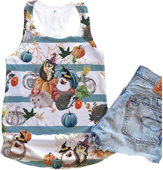 Hedgehog Halloween Pumpkin Retro Tank Top - Summer Casual Tank Tops For Women - Gift For Young Adults