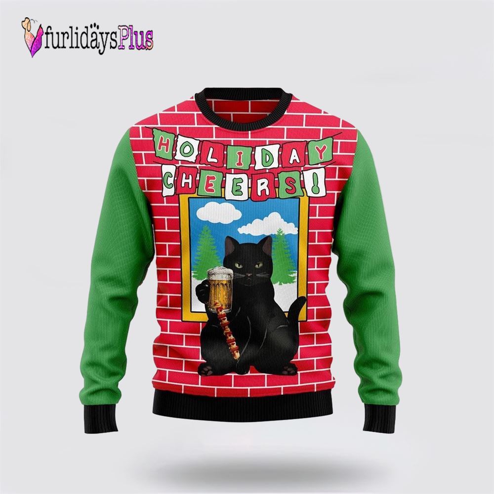 Holiday Cheer Black Cat Beer Christmas Ugly Christmas Sweater, Cat Lover Christmas Sweater