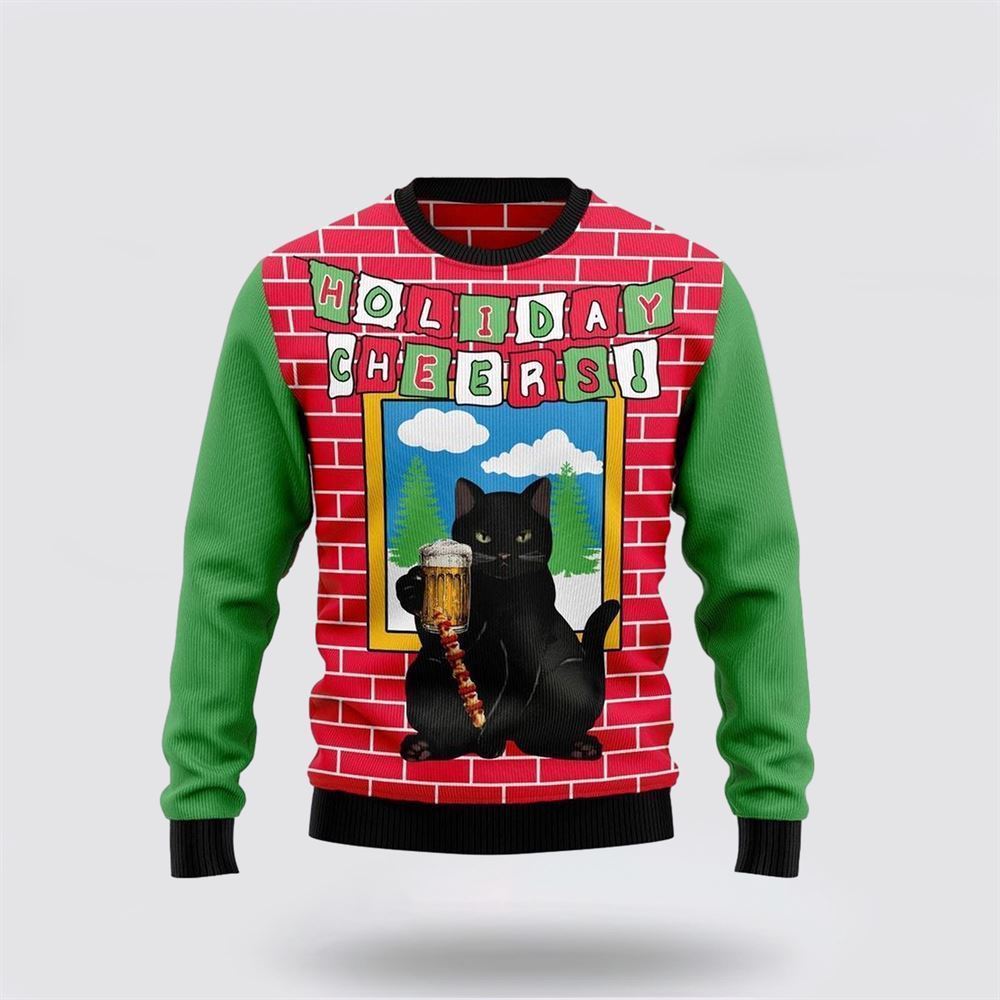 Holiday Cheer Black Cat Beer Christmas Ugly Christmas Sweater, Christmas Sweater For Cat Lover