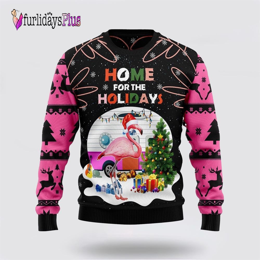 Home For The Holidays Flamingo Ugly Christmas Sweater, Sweater Gifts For Pet Lover