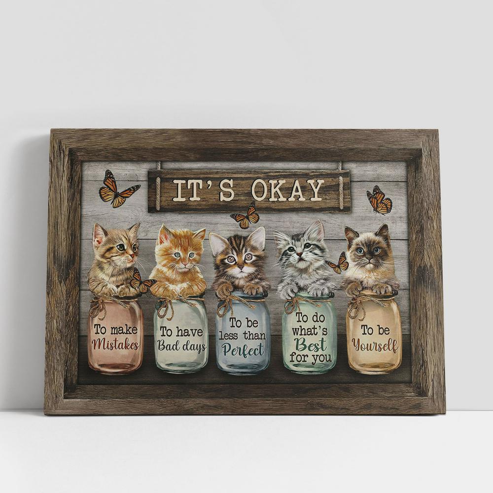 It's Okay To Make Mistakes Lovely Cat Butterfly Bottle Canvas Painting, Christian Gifts Wall Art, Gifts For Cat Lovers