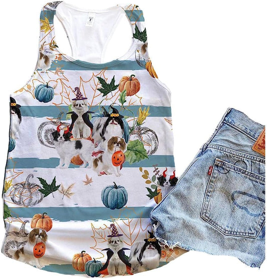 Japanese Chin Dog Halloween Pumpkin Retro Tank Top - Summer Casual Tank Tops For Women - Gift For Young Adults