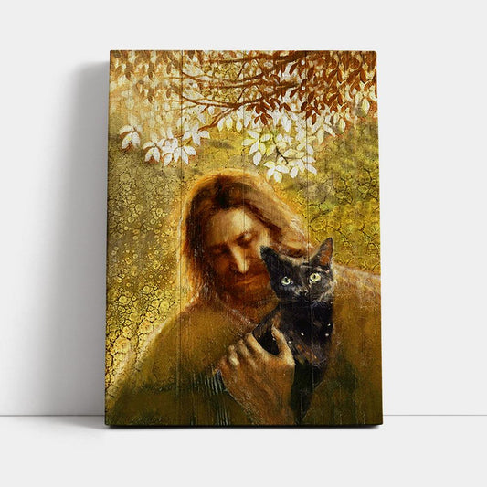 Jesus And Black Cat Canvas Wall Art - Bible Verse Canvas Art - Inspirational Art - Christian Home Decor