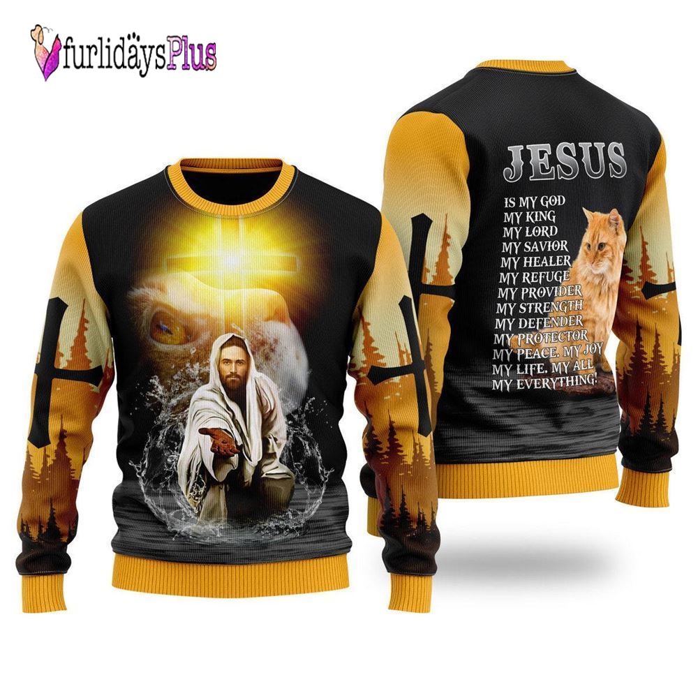 Jesus And Cat My Everything Ugly Christmas Sweater For Men & Women, Christian Sweater, God Gift, Gift For Christian, Jesus Winter Fashion