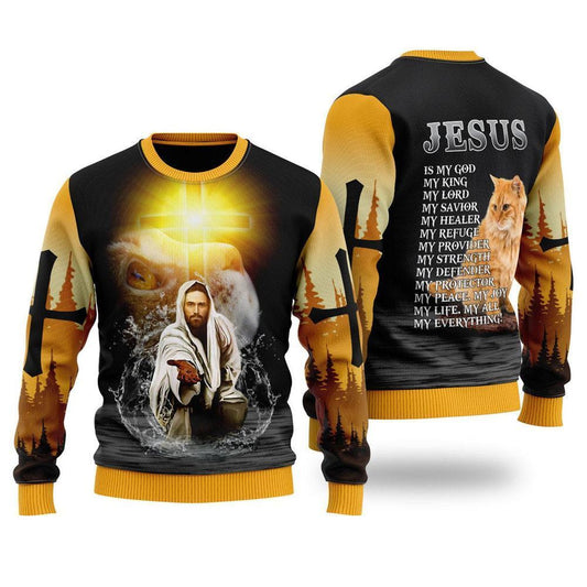 Jesus And Cat My Everything Ugly Christmas Sweater For Men & Women, Sweater For Christian