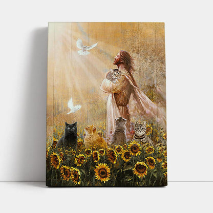 Jesus And Cat Sunflower Garden Canvas Art - Jesus Wall Art Home Decor - Gift For Cat Lover