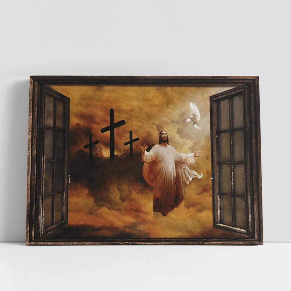 Jesus And Dove The Rugged Cross Heaven's Lights Canvas Poster