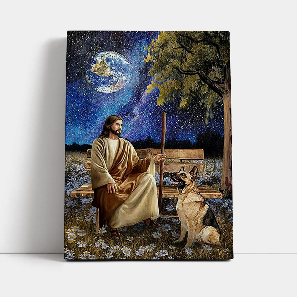 Jesus And German Shepherd Dog Daisy Field Wall Art Canvas - Jesus Portrait Canvas Prints - Christian Wall Art