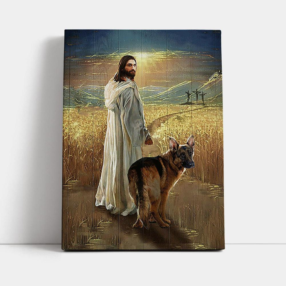 Jesus And German Shepherd Dog Walking Rice Field Canvas Wall Decor - Christian Wall Art - Gift For Dog Lover