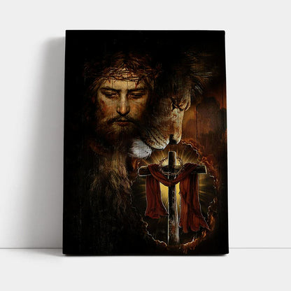 Jesus And Lion Of Judah Amazing Wooden Cross Wall Art Canvas - Jesus Portrait Canvas Prints - Christian Wall Art