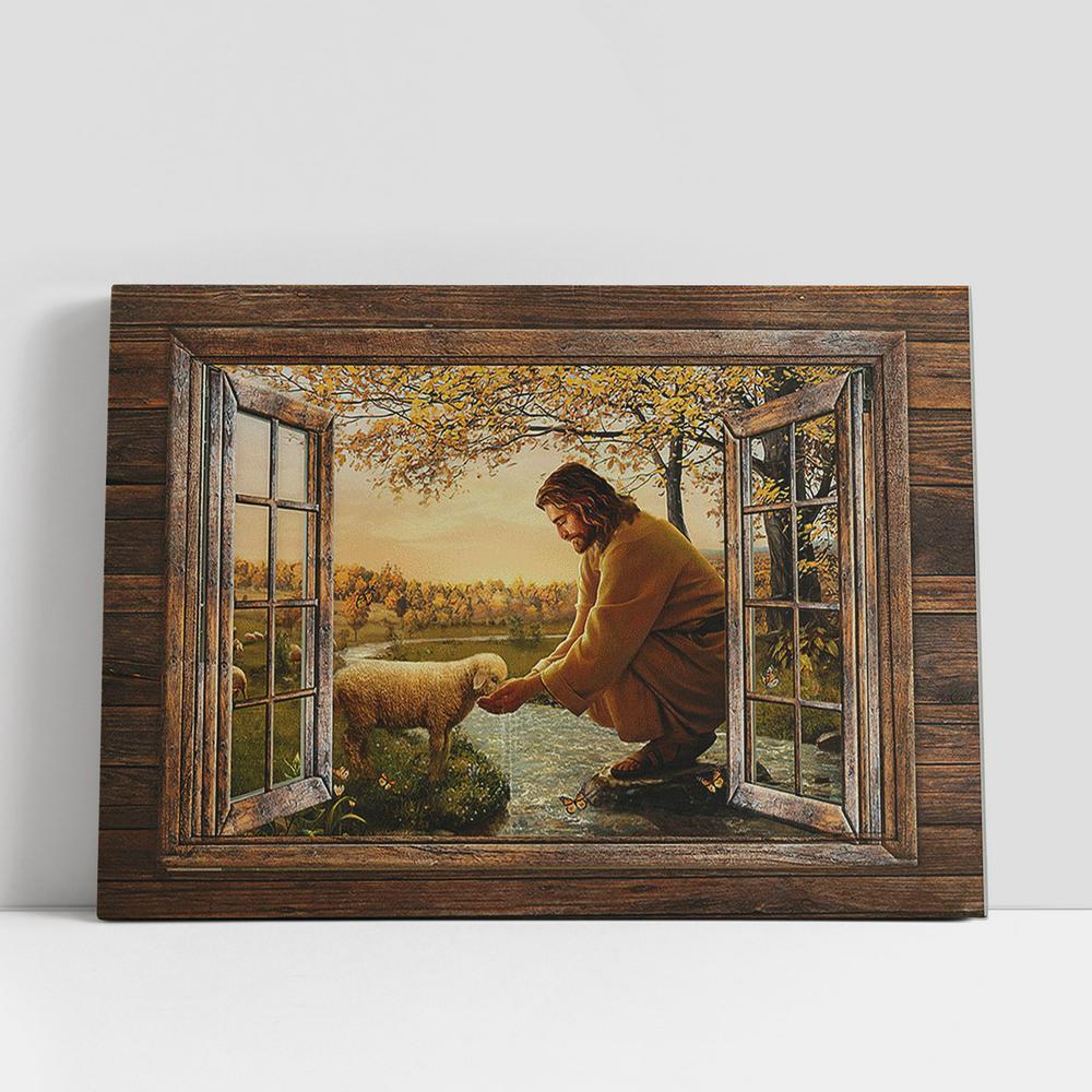 Jesus And The Lamb By The River Canvas Art, Christian Gifts Wall Art Decor, Bible Verse Canvas