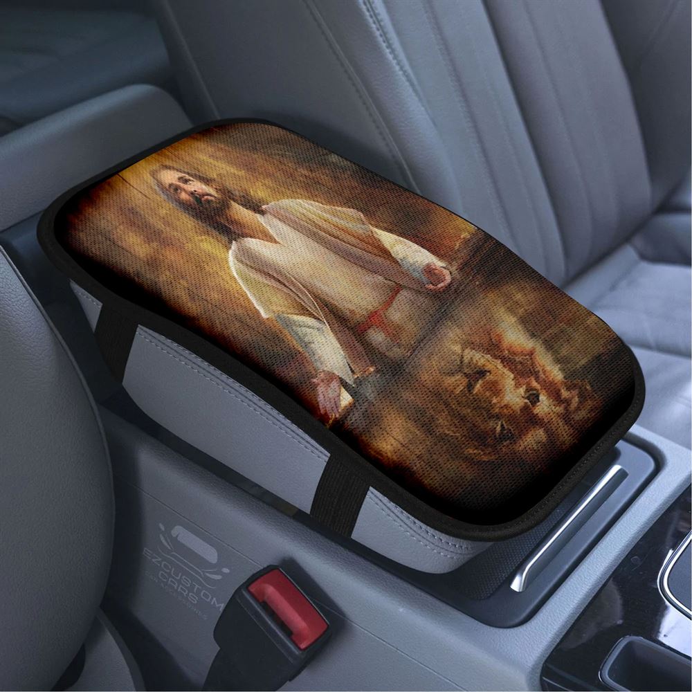 Jesus Artwork, Lion Of Judah, Yellow Halo Car Center Console Cover, Bible Verse Car Armrest Cover