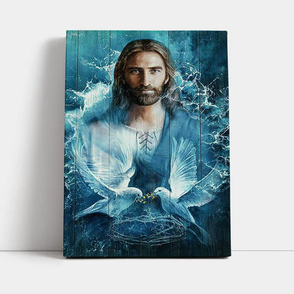 Jesus Bird Couple Blue Water Wall Art Canvas - Jesus Portrait Canvas Prints - Christian Wall Art