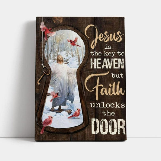 Jesus Christ, Northern Cardinal, Winter Forest, Jesus Is The Key To Heaven Canvas Poster