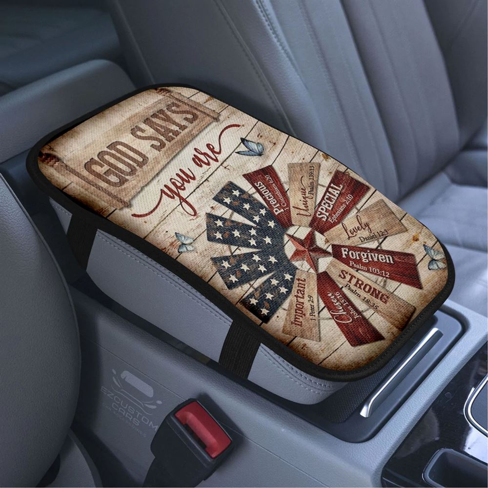 Jesus Christ Star Symbol God Says You Are Car Center Console Cover, Bible Verse Car Armrest Cover