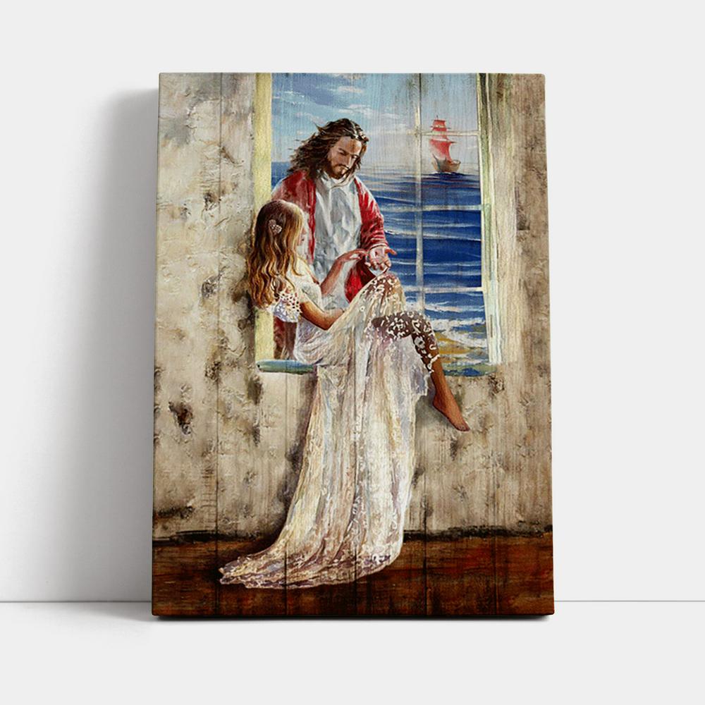 Jesus Christ The Redeemer Beautiful Girl Blue Ocean Wall Art Canvas - Jesus Portrait Canvas Prints - Christian Wall Art