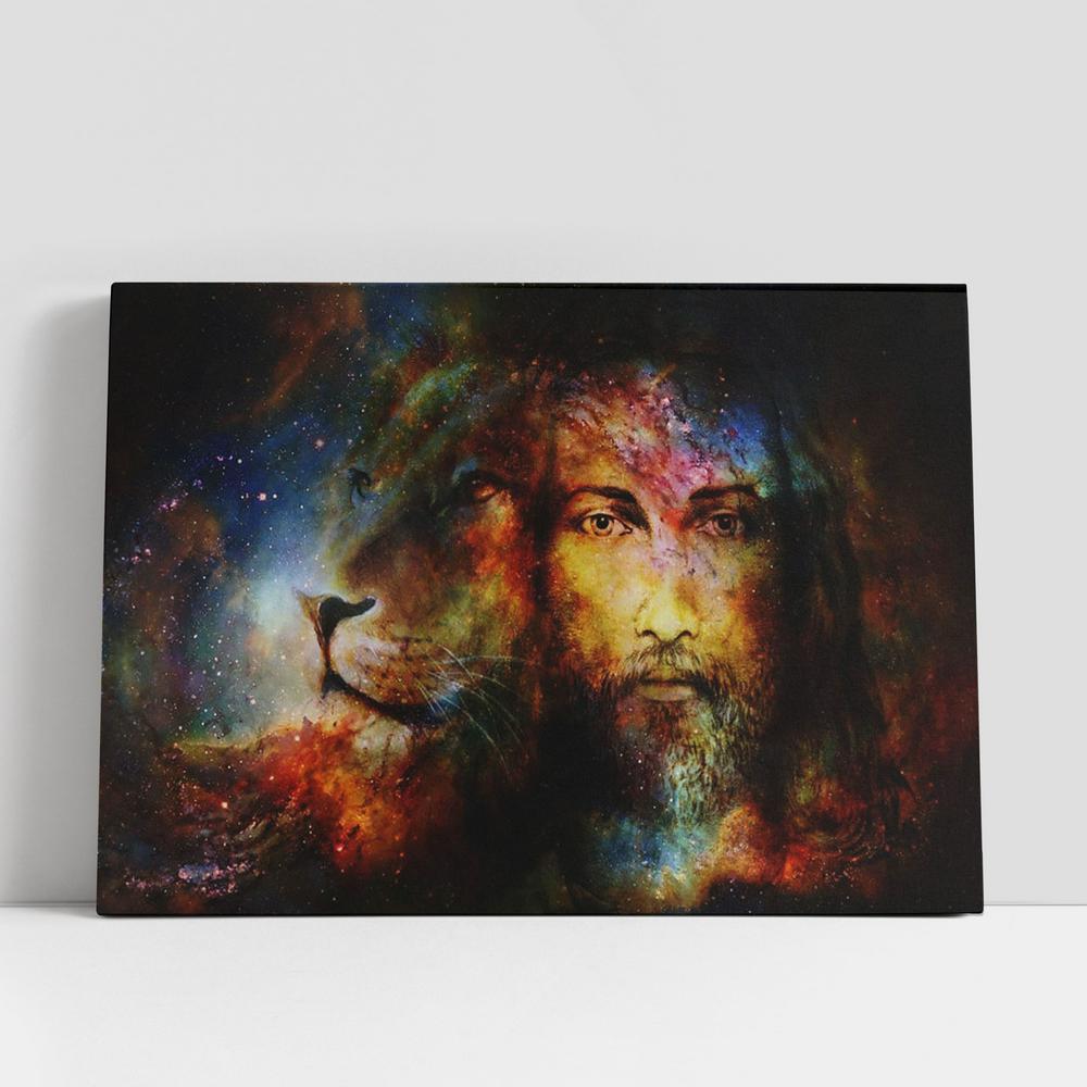 Jesus Christ With A Lion Of Judah In Cosmic Space Canvas Print, Inspirational Canvas Art, Scripture Wall Art