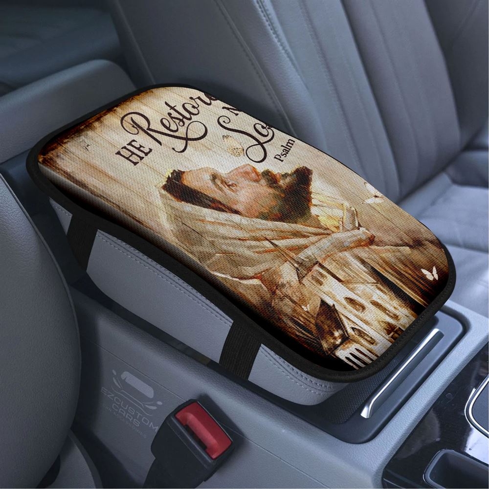 Jesus Church He Restores My Soul Car Center Console Cover, Bible Verse Car Armrest Cover